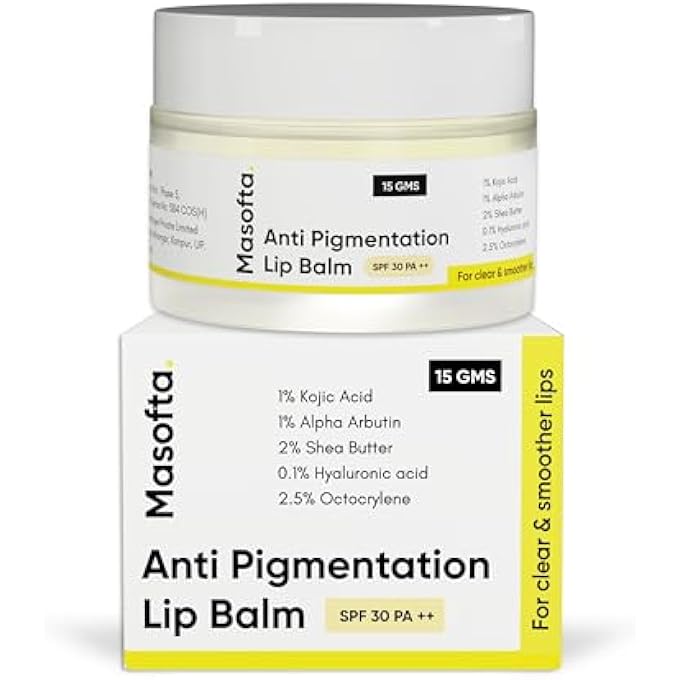 Masofta SHEA BUTTER LIP BALM WITH KOJIC ACID, ALPHA ARBUTIN & SHEA BUTTER FOR SMOOTH, CRACK FREE & CLEAR LIPS, SPF 30 PA++, FOR MEN & WOMEN, 0.52 OZ/15GMS - Image 1